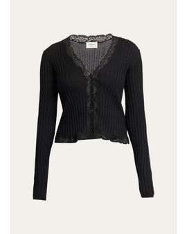 Saint Laurent Lace-Trim Cashmere-Wool Rib Buttoned Top
