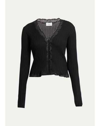 Saint Laurent Lace-Trim Cashmere-Wool Rib Buttoned Top