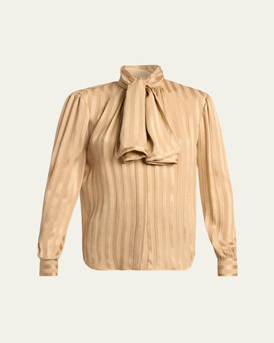 Saint Laurent Lavalliere Striped Silk Long-Sleeve Blouse