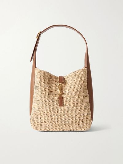 SAINT LAURENT Le 5 À 7 Bea small leather-trimmed raffia shoulder bag