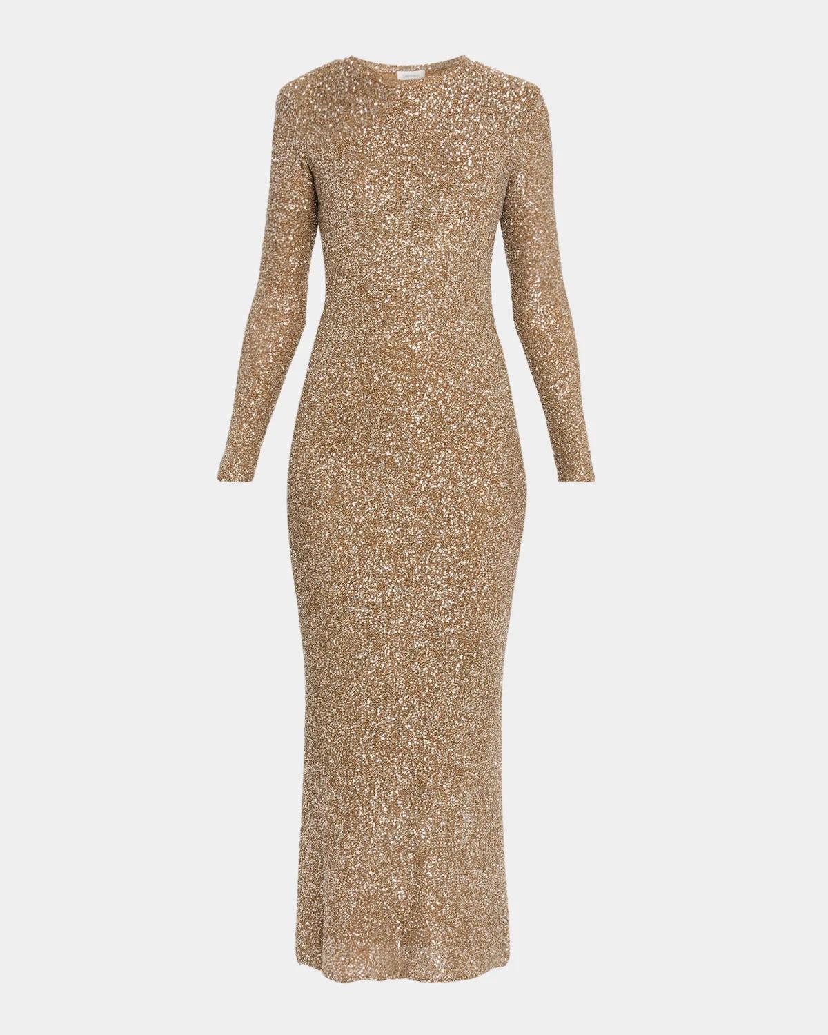 Saint Laurent Maille Sequin Knit Long-Sleeve Midi Dress