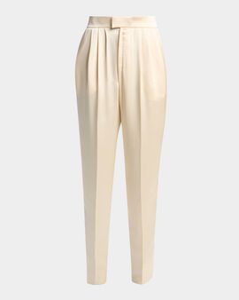 Saint Laurent Pleated Silk Slim-Leg Ankle Pants