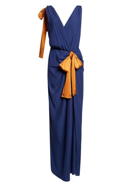 Saint Laurent Saint Laurent Bow Detail Silk Satin Wrap Maxi Dress