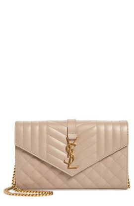 Saint Laurent Saint Laurent Envelope Quilted Pebbled Leather Wallet on a Chain