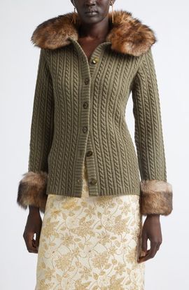 Saint Laurent Saint Laurent Genuine Shearling Trim Cashmere Cable Cardigan