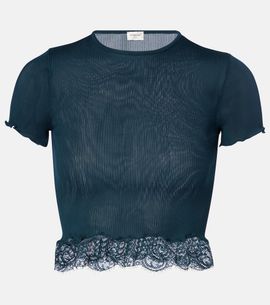 Saint Laurent Saint Laurent Lace-trimmed cropped silk T-shirt