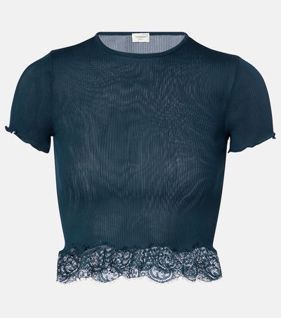 Saint Laurent Saint Laurent Lace-trimmed cropped silk T-shirt
