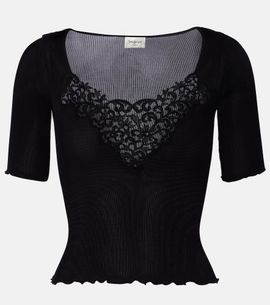 Saint Laurent Saint Laurent Lace-trimmed ribbed-knit silk top