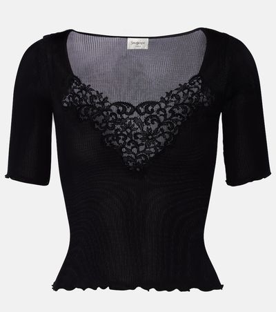 Saint Laurent Saint Laurent Lace-trimmed ribbed-knit silk top