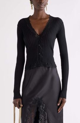 Saint Laurent Saint Laurent Rib Cardigan with Lace Trim