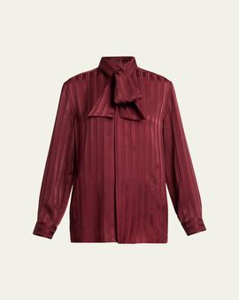 Saint Laurent Striped Silk Jacquard Cassandre Lavalliere Blouse