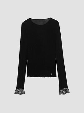 Saint Laurent Women's Cassandre Lace-Cuff Top in Ribbed Silk Jersey