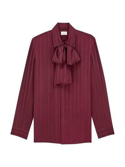 Saint Laurent Women's Cassandre Lavalliere Blouse Shirt in Striped Silk Jacquard