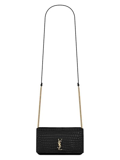Saint Laurent Women's Cassandre Phone Holder in Shiny Crocodile-Embossed Leather