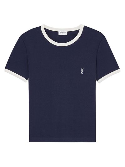 Saint Laurent Women's Cassandre T-Shirt in Ribbed Cotton Jersey