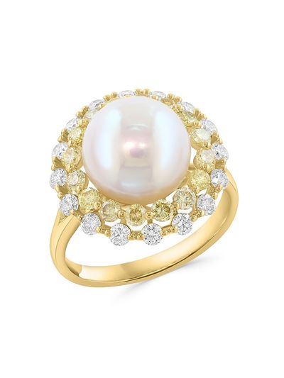 Saks Fifth Avenue Collection Women's 14K Yellow Gold, Freshwater Pearl & 1.29 TCW Diamond Halo Ring