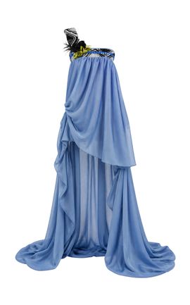 Salma Osman Salma Osman Beaded OneShoulder Draped SilkBlend Gown