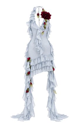 Salma Osman Salma Osman Floral Appliqué Halter Ruffle SilkBlend Gown