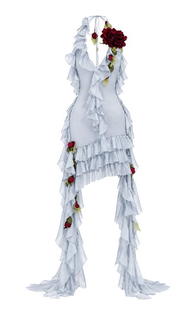 Salma Osman Salma Osman Floral Appliqué Halter Ruffle SilkBlend Gown