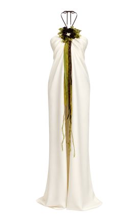 Salma Osman Salma Osman Floral Ribbon Fringe Halter Gown