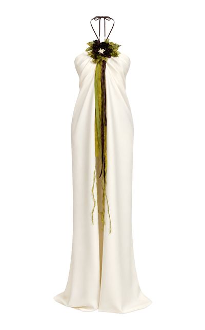 Salma Osman Salma Osman Floral Ribbon Fringe Halter Gown