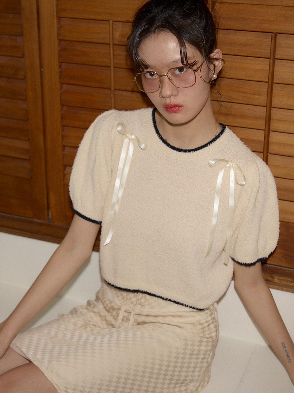 SALON DE YOHN Ribbon Point Knit Top - Beige