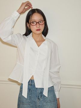 SALON DE YOHN V-neck Tie Cotton Blouse [White]