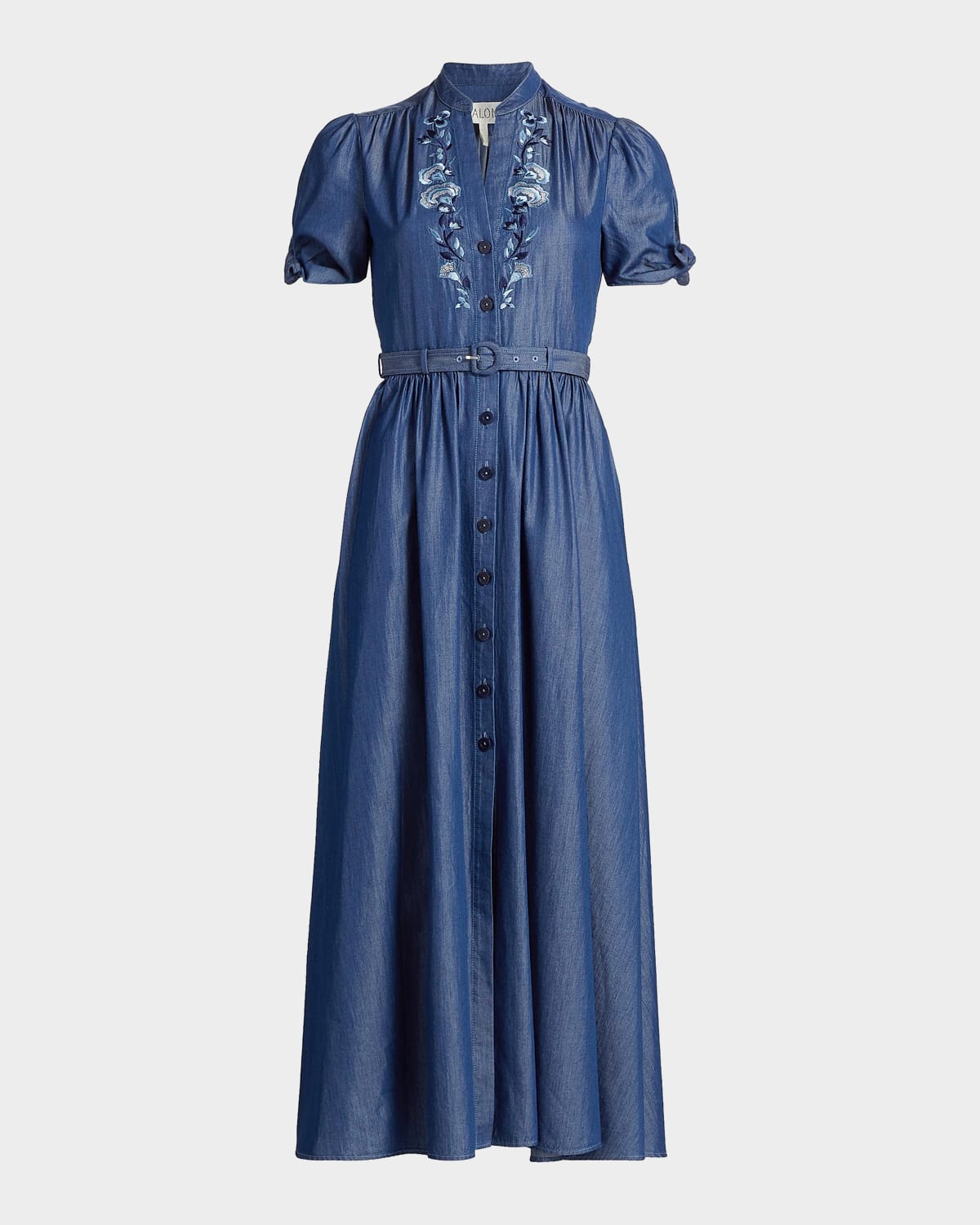 Saloni Ena Floral-Embroidered Cotton-Blend Midi Shirtdress