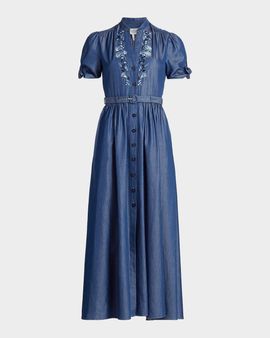 Saloni Ena Floral-Embroidered Cotton-Blend Midi Shirtdress
