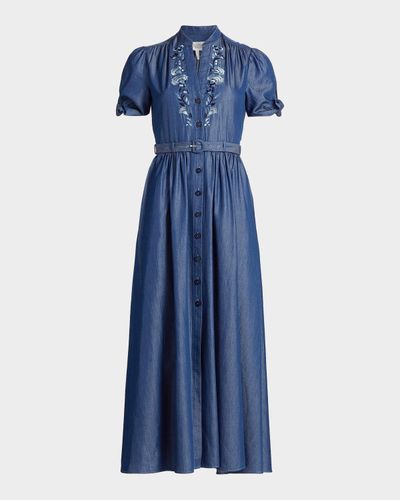 Saloni Ena Floral-Embroidered Cotton-Blend Midi Shirtdress