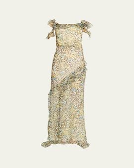 Saloni Nina Leopard Ruffled Chiffon Dress
