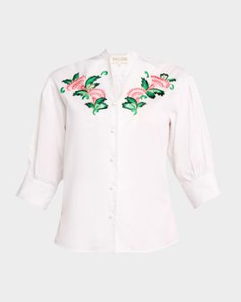 Saloni Tavi-B Embroidered Puff-Sleeve Shirt