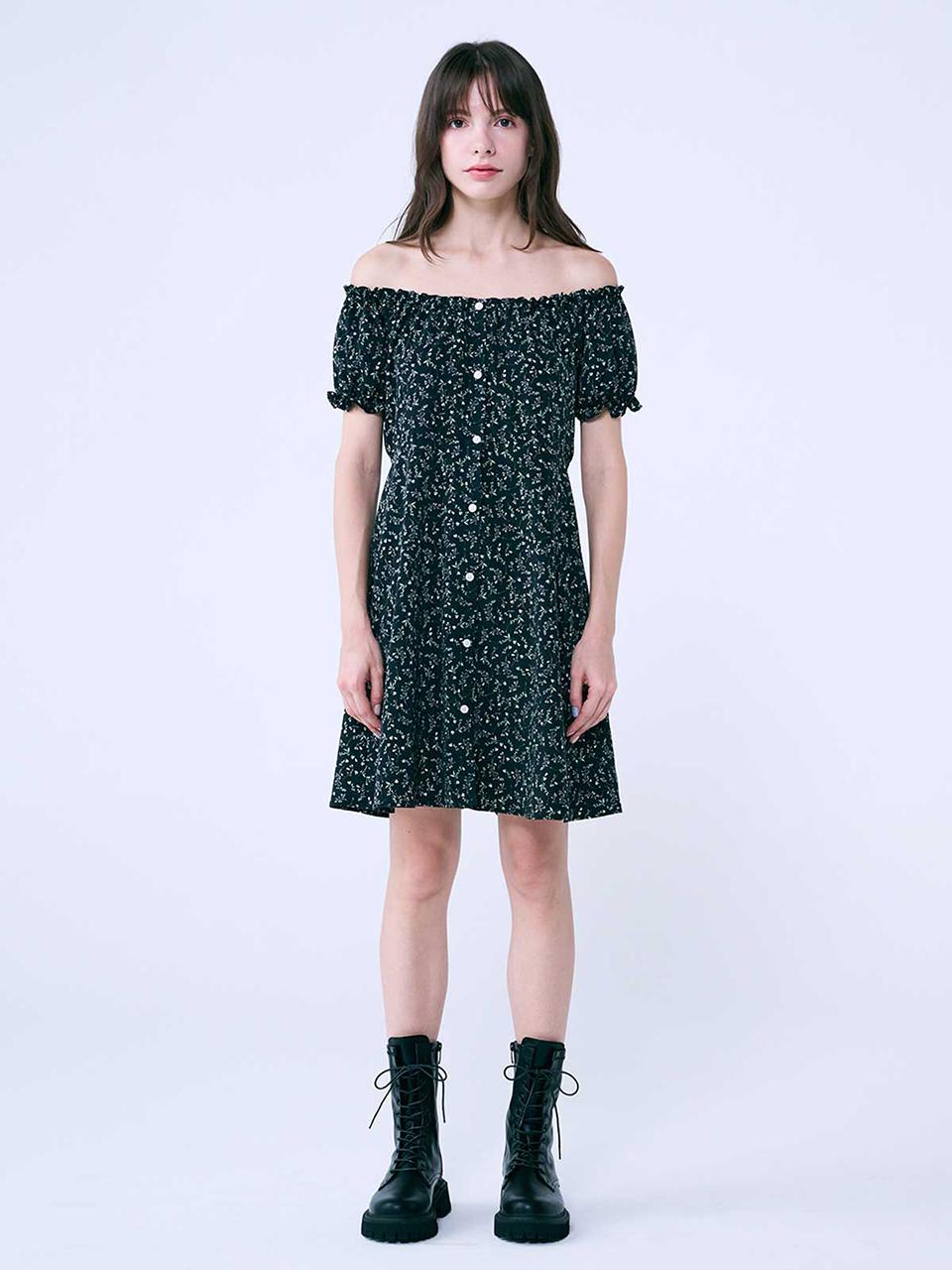 SALTANDCHOCOLATE Flower Open Shoulder dress Black 4W232J003