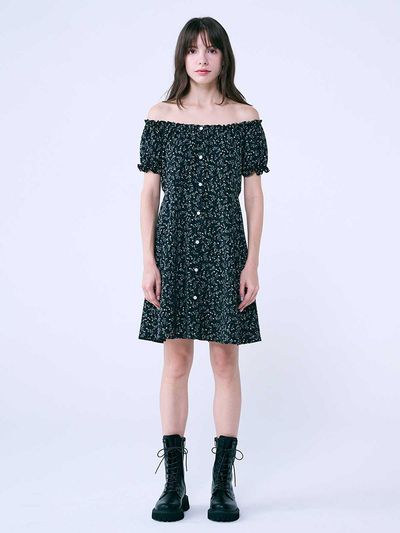 SALTANDCHOCOLATE Flower Open Shoulder dress Black 4W232J003