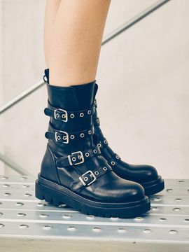 SALTANDCHOCOLATE Round Toe Buckle Synthetic Leather Biker Boots (412446002)