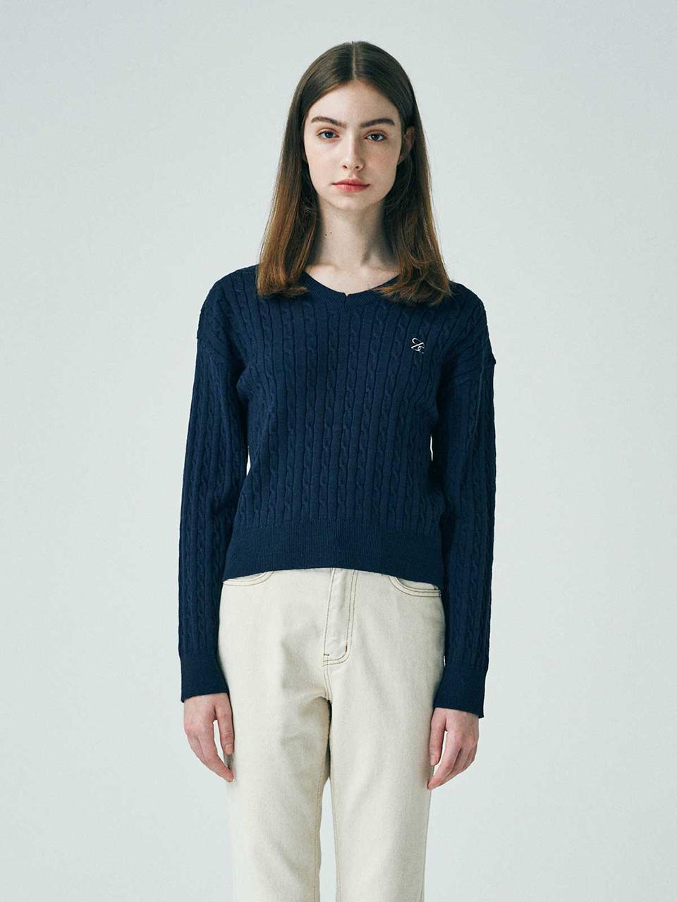 SALTANDCHOCOLATE SAC Logo Cable V-neck Knit Navy 4W2316001