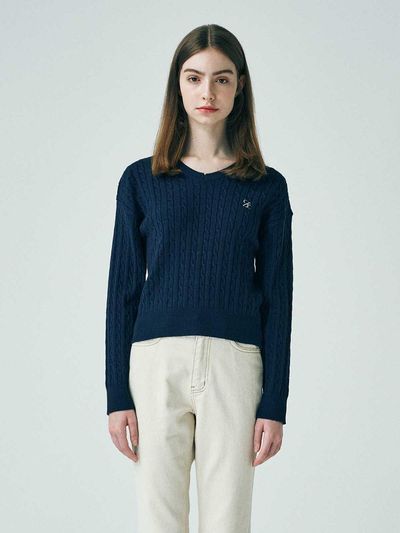 SALTANDCHOCOLATE SAC Logo Cable V-neck Knit Navy 4W2316001