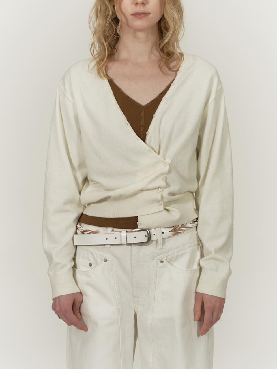 SALTY PEBBLE 2Way Button Deep Neckline Wool Cardigan [Beige]