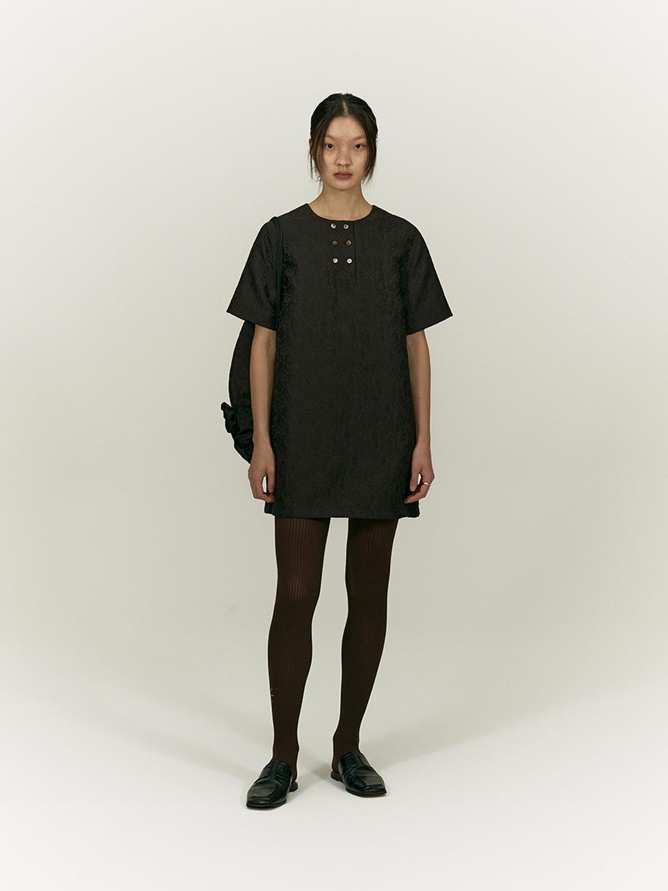 SALTY PEBBLE Damask Jacquard Double Button Half Sleeve Dress [BROWN]