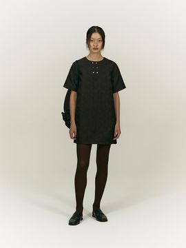 SALTY PEBBLE Damask Jacquard Double Button Half Sleeve Dress [BROWN]
