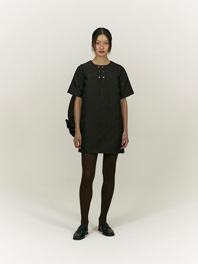 SALTY PEBBLE Damask Jacquard Double Button Half Sleeve Dress [BROWN]