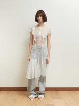SALTY PEBBLE Dot Mesh Shirring Dress [White]