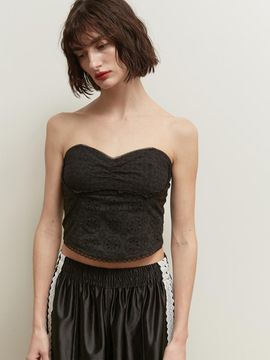SALTY PEBBLE Flower Lace Cotton Bustier Top [Black]