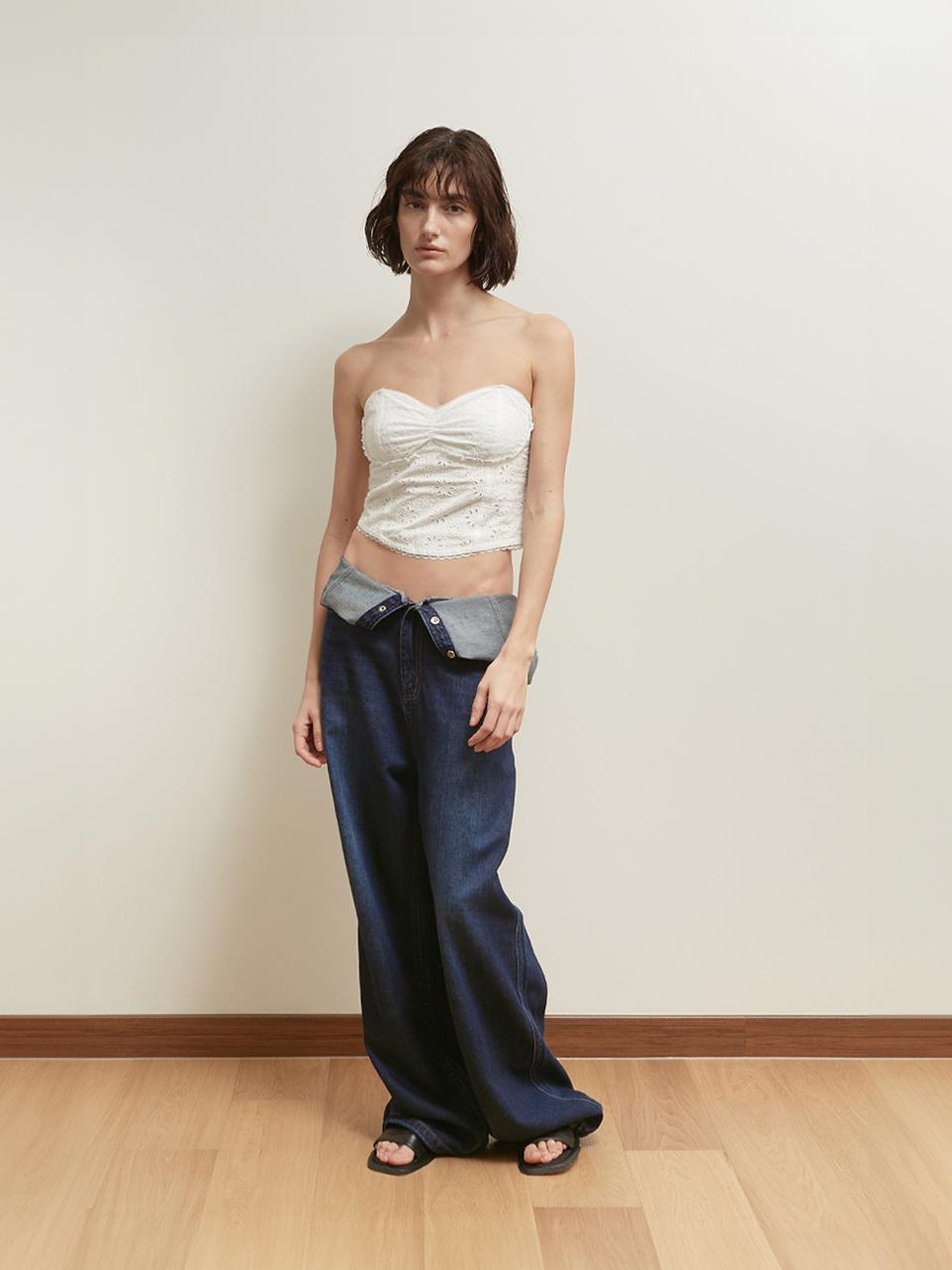 SALTY PEBBLE Flower Lace Cotton Bustier Top [White]
