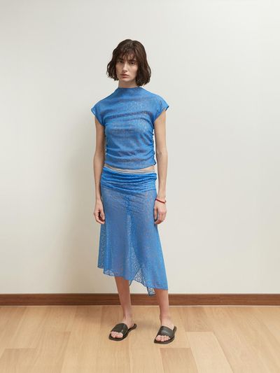 SALTY PEBBLE Flower Mesh Shirring Top [Blue]