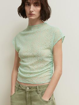 SALTY PEBBLE FLOWER MESH SHIRRING TOP [GREEN]