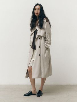SALTY PEBBLE LEATHER FLAP DETAIL TRENCH COAT [GREY]