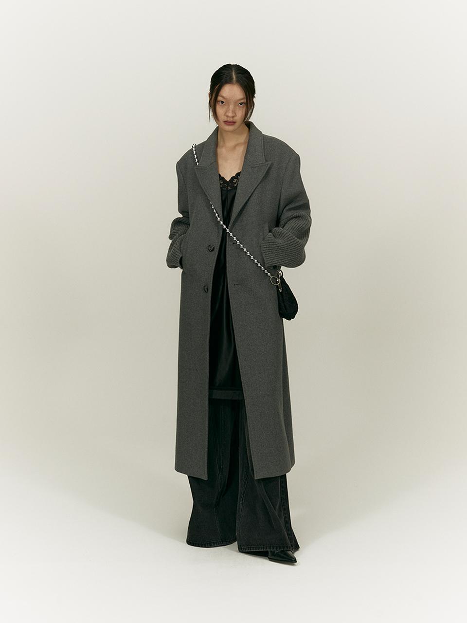SALTY PEBBLE Wool Blend Knitted Sleeve Long Coat [GREY]