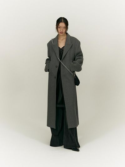 SALTY PEBBLE Wool Blend Knitted Sleeve Long Coat [GREY]
