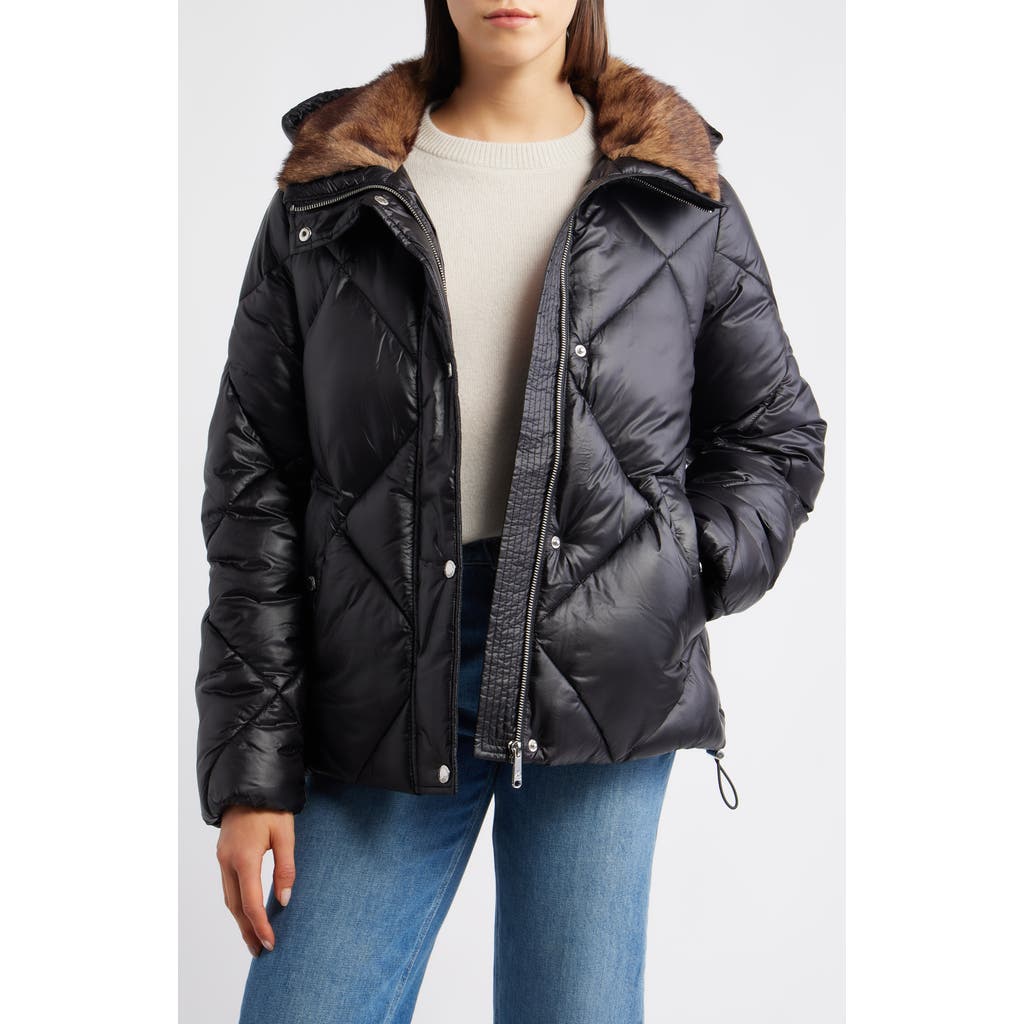Sam Edelman Jacket Sam Edelman - Diamond Quilted Puffer Jacket with Faux Fur Hood
